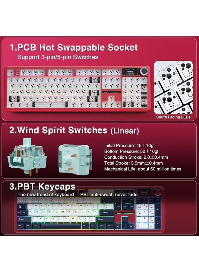 أولا AULA F108 PRO - لوحة مفاتيح ميكانيكية لاسلكية مع شاشة ومقبض، لوحة مفاتيح كاملة الحجم مع بطارية 8000 مللي أمبير في الساعة، مفاتيح مُشحمة مسبقًا، أغطية مفاتيح PBT مطبوعة على الجانب، لوحات مفاتيح ألعاب مخصصة قابلة للتبديل السريع بإضاءة خلفية RGB - Image 5